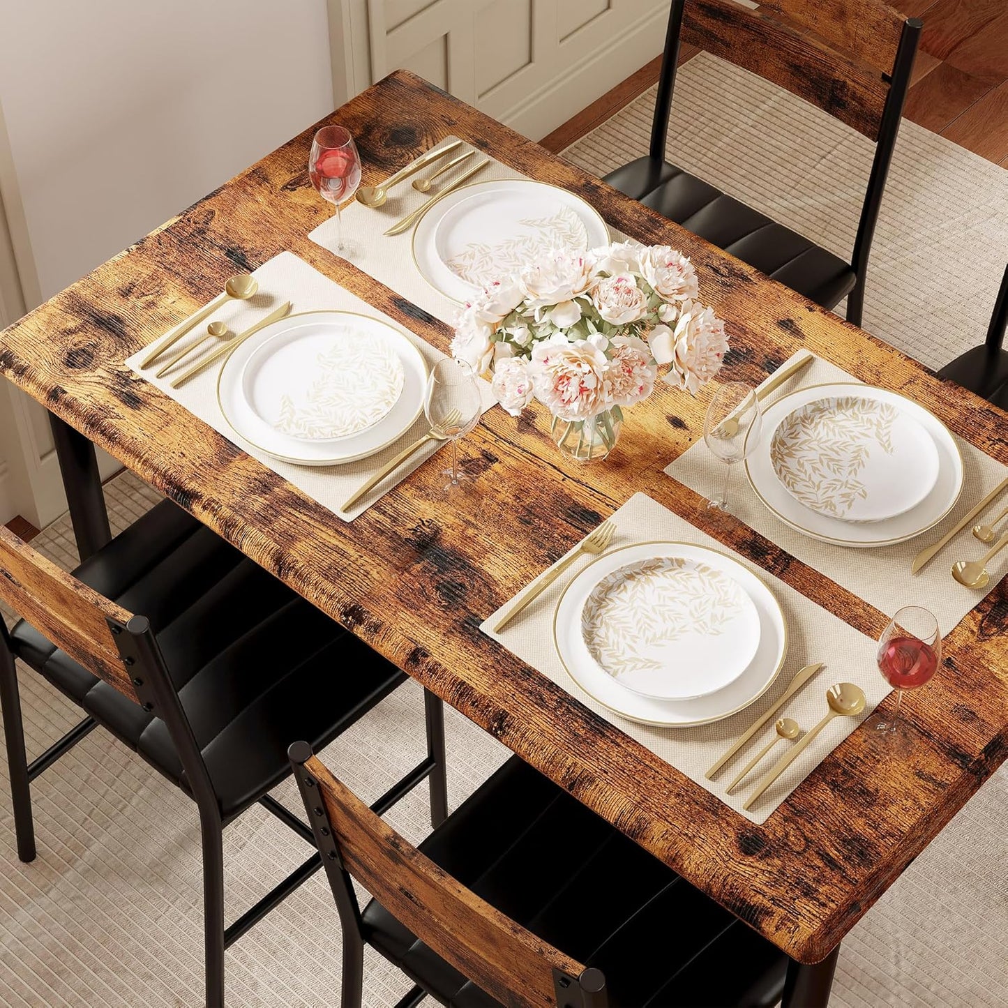 Dining Table Set for 4, Wood Kitchen Table with Upholstered Chairs for Kitchen Room and Small Spaces, Rustic Brown