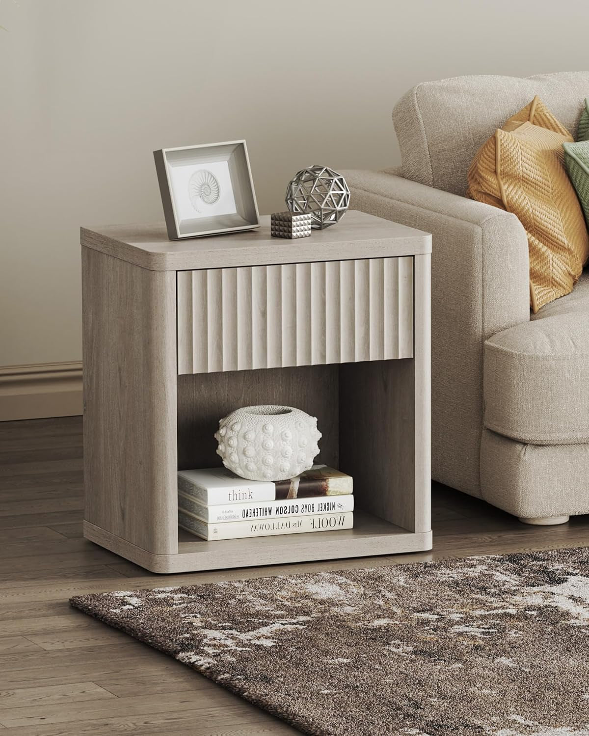 Night Stand Set of 2 Nightstands with Drawer Storage Fluted Bed Side Table End Table Large Modern Wide Bedside Stand Mid Century Night Stands for Bedroom Living Room Sofa Office, White Alder
