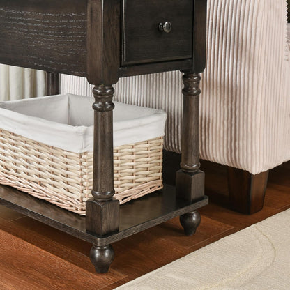 Solid Wood End Table Narrow Side Table with Drawer, Cherry Wood End Table Living Room, 13" W Slim Bedside Table Small Nightstand, 22" D X 22.7" H, No-Tools Assembly, Rustic Black BBJ-004-BK