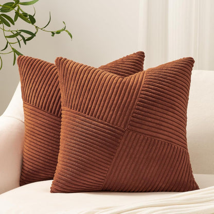 Set of 2 Decorative Terracotta Throw Pillow Covers 18X18 Inch for Couch Sofa Bed, Farmhouse Boho Rustic Home Decor,Soft Corduroy Windmill Textured Striped Patchwork Cushion Cases