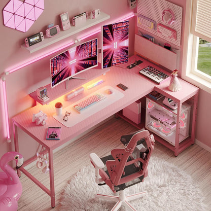 L Shaped Gaming Desk with Power Outlets,58 LED Small Corner Desk with Reversible Storage Shelves,Pink Computer Desk with Headset Hooks Desk for Living Room and Dormitory