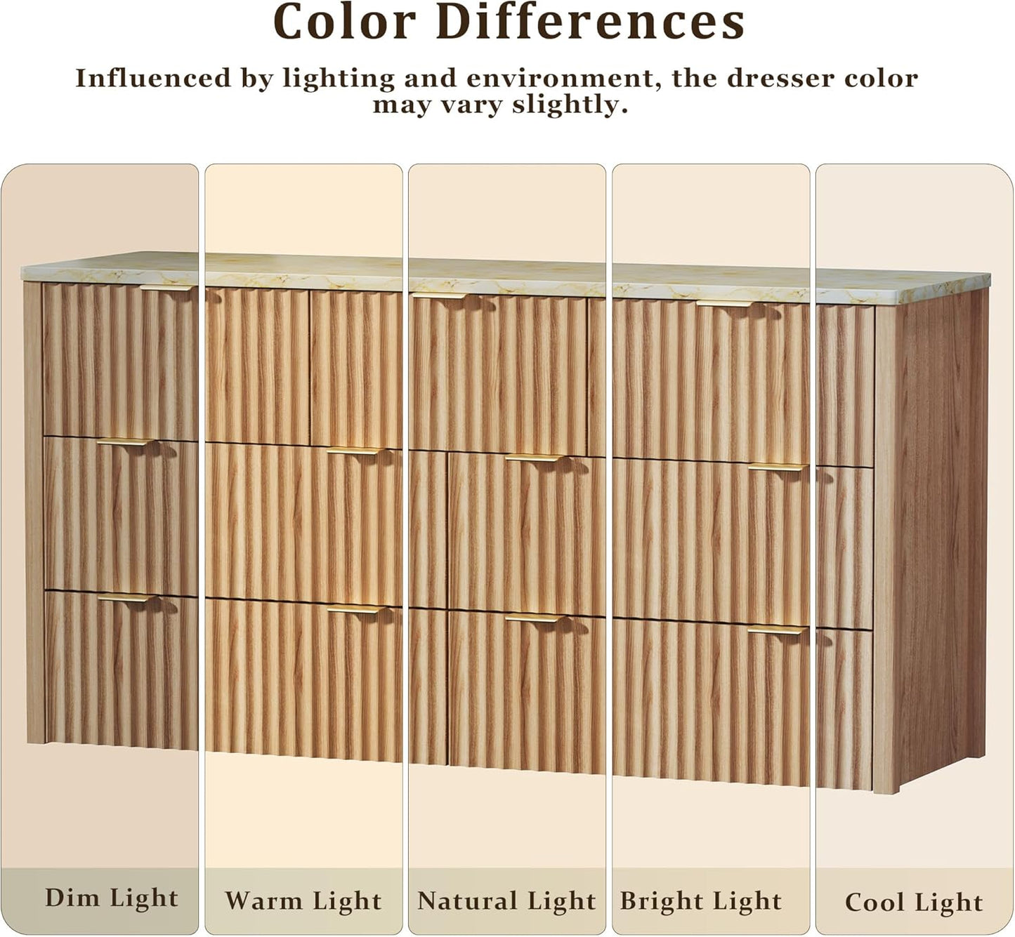 Fluted Dresser for Bedroom with 7 Drawers, 53" Wide Mid Century Modern Dressers with Faux Marble Top & Metal Handle, Wooden Chest of Drawers TV Stand, Natural Oak
