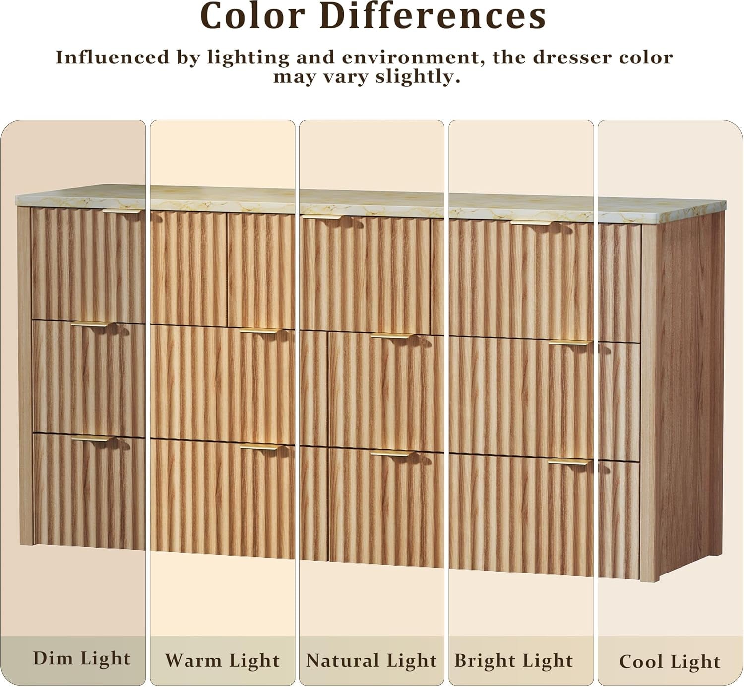Fluted Dresser for Bedroom with 7 Drawers, 53" Wide Mid Century Modern Dressers with Faux Marble Top & Metal Handle, Wooden Chest of Drawers TV Stand, Natural Oak