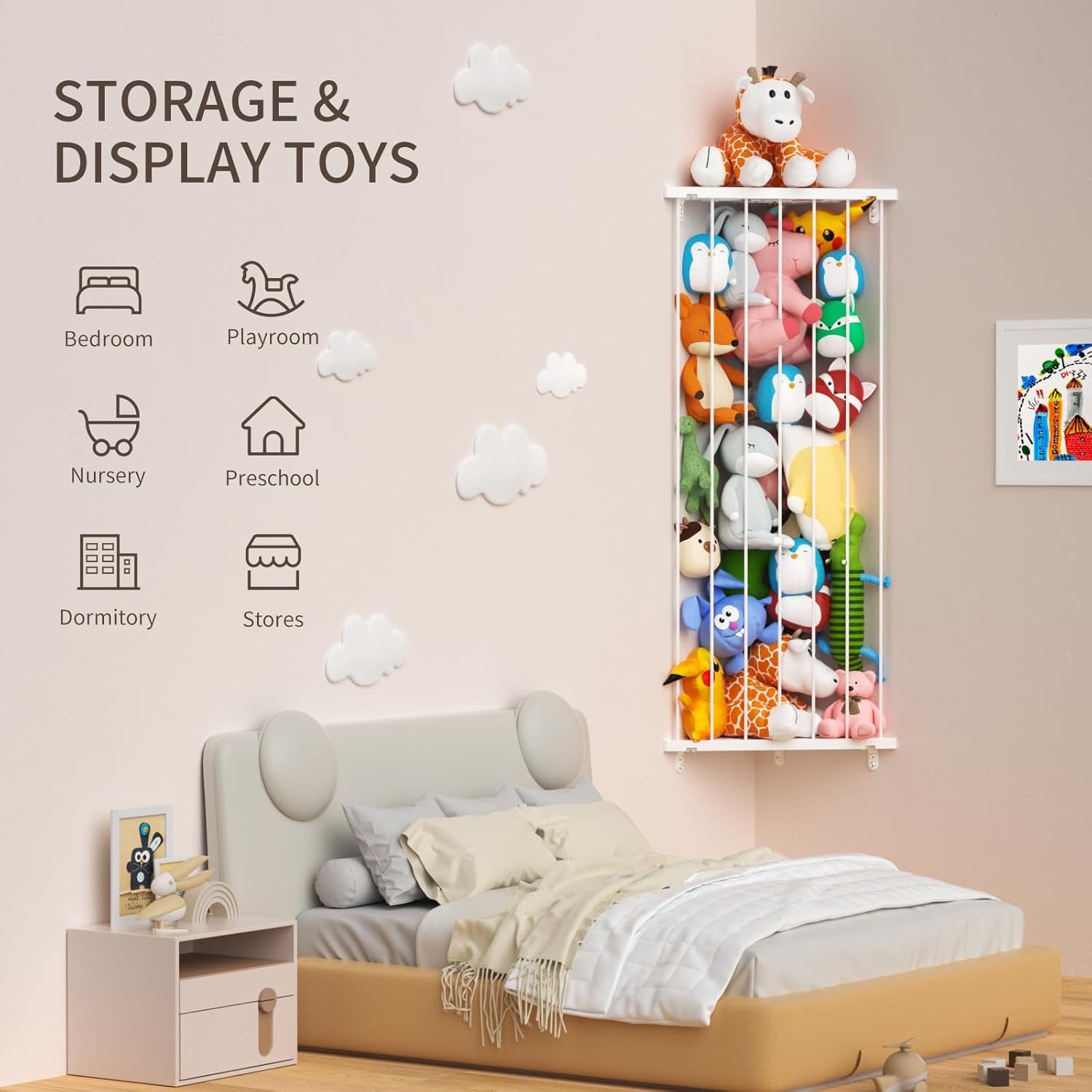 Stuffed Animal Storage Toy Organizer(Patented) - Corner Stuffed Animal Holder Length Adjustable - Stuffed Animal Wall Storage for Nursery Playroom Bedroom Kids Room Decor(White)