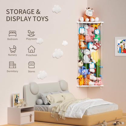 Stuffed Animal Storage Toy Organizer(Patented) - Corner Stuffed Animal Holder Length Adjustable - Stuffed Animal Wall Storage for Nursery Playroom Bedroom Kids Room Decor(White)
