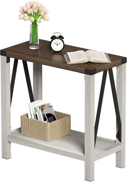 Farmhouse End Table for Small Spaces, Narrow Side End Table with Storage Shelf, Rustic A-Design Nightstand Sofa Table for Living Room, Bedroom (White & Brown)