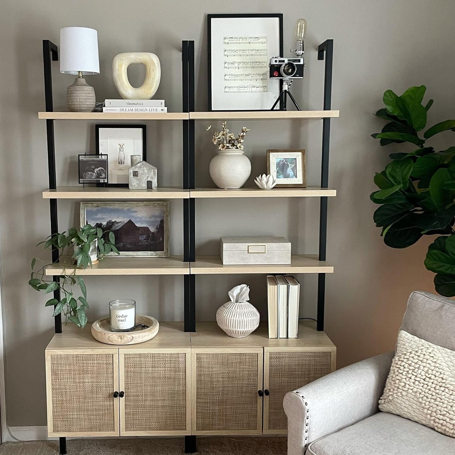 Theo Ladder 3 Tier Open Bookshelf with Rattan Drawers and Matte Steel Frame, Light Oak/Black