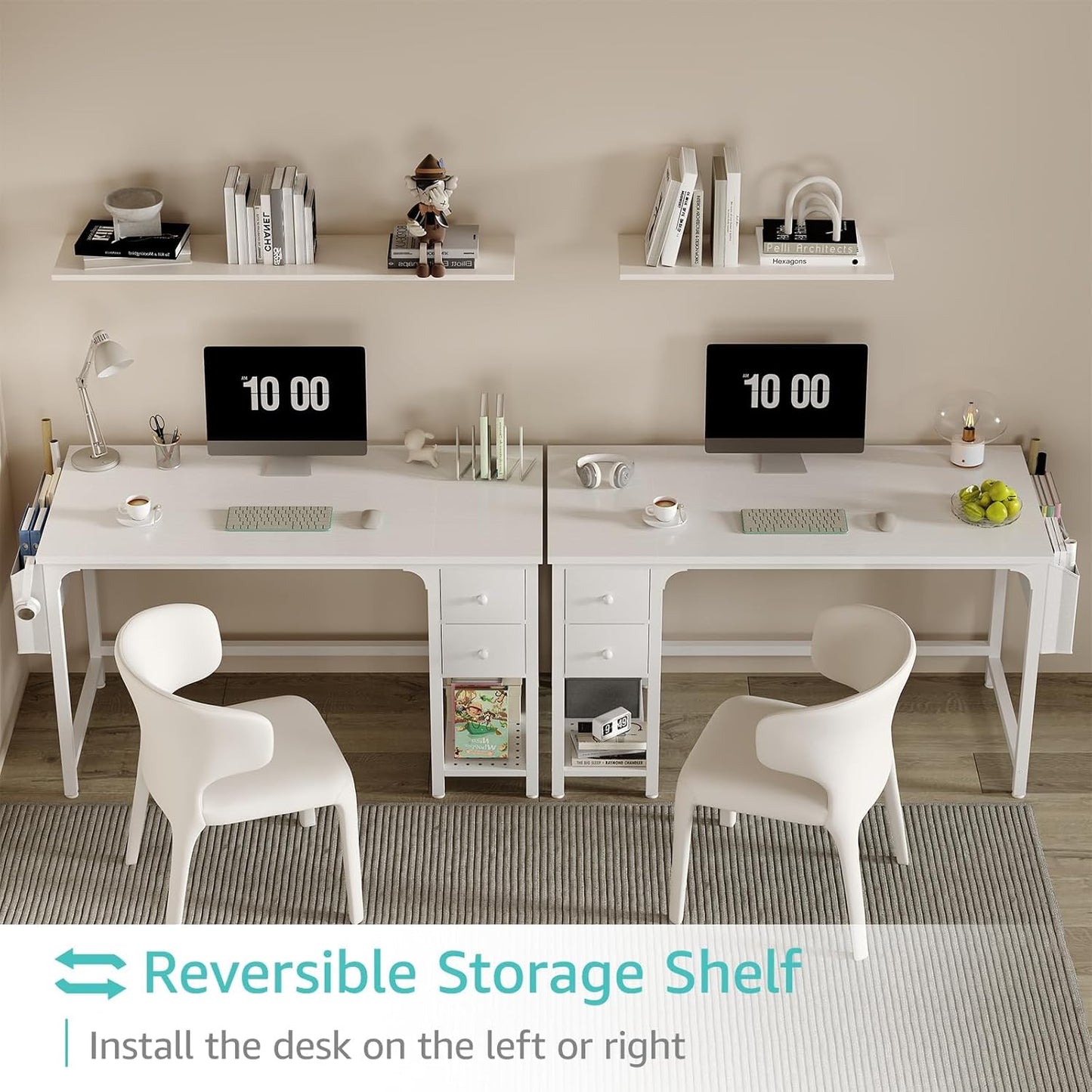 White Computer Desk with Drawers - 47 Inch PC Desk for Small Space Bedroom Home Office, Modern Simple Study Writing Table Desks with Storage Shelf, White