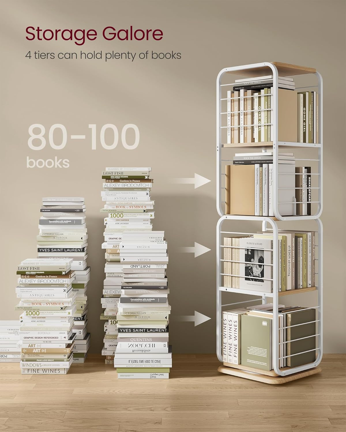 4-Tier Rotating Bookshelf, Bookcase with Bookends for Small Spaces, Corner Shelf, Steel Frame, Natural Beige and Cloud White ULLS127W67