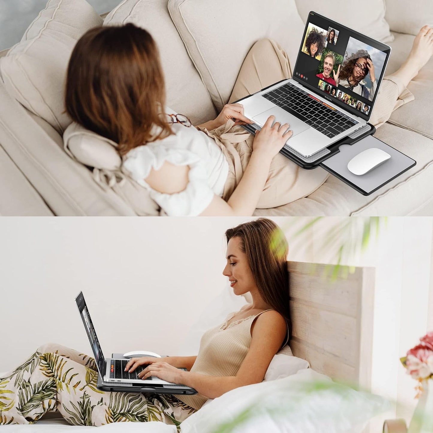 Portable Laptop Lap Desk W/Retractable Left/Right Mouse Pad Tray, Non-Slip Heat Shield Tablet Notebook Computer Stand Table W/Sturdy Stable Work Surface for Bed Sofa Couch or Travel