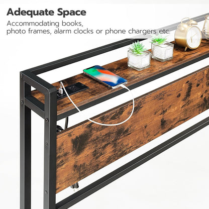 Headboard Queen Size, Headboard with 2 Outlets and 4 USB Ports, Adjustable Height, Storage Rack, Sturdy and Stable, Easy Assembly, Rustic Brown and Black