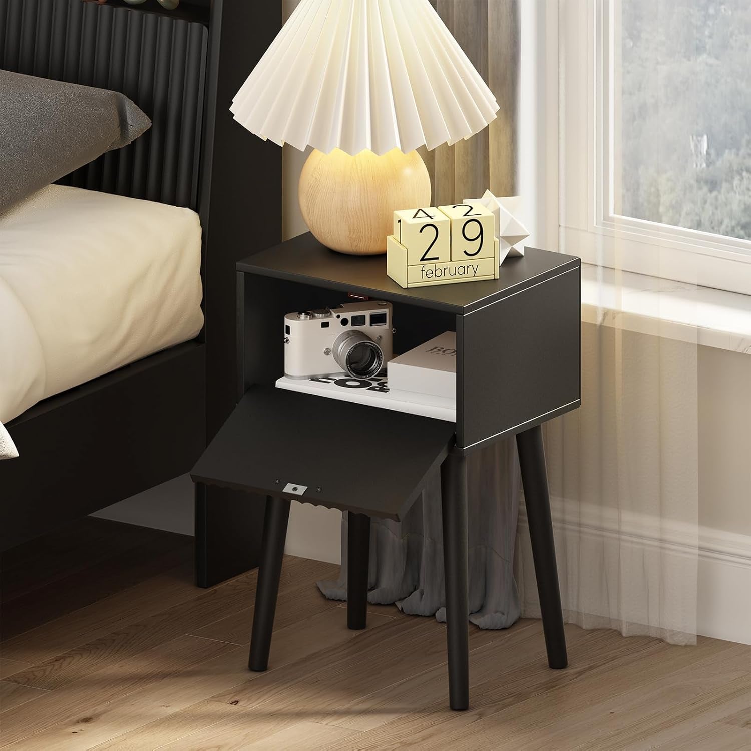 Nightstands Set of 2, Small Side Table, Bedside Table with Fluted Door, Solid Wood Feet; Modern Mid-Century End Table for Bedroom, Small Space (Black)