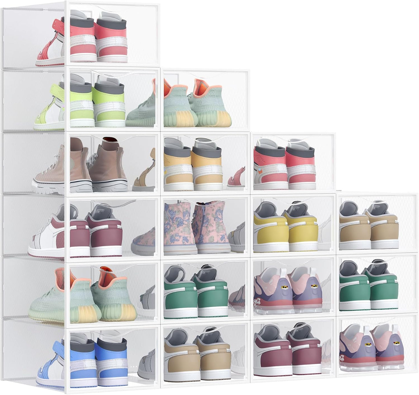 Stackable Shoe Boxes, Set of 12 Plastic Shoe Organizers with Door, Transparent, Easy Assembly, 9.1 X 13.1 X 5.6 Inches, for Shoes up to US Size 10, Transparent and Cloud White ULSP312W01