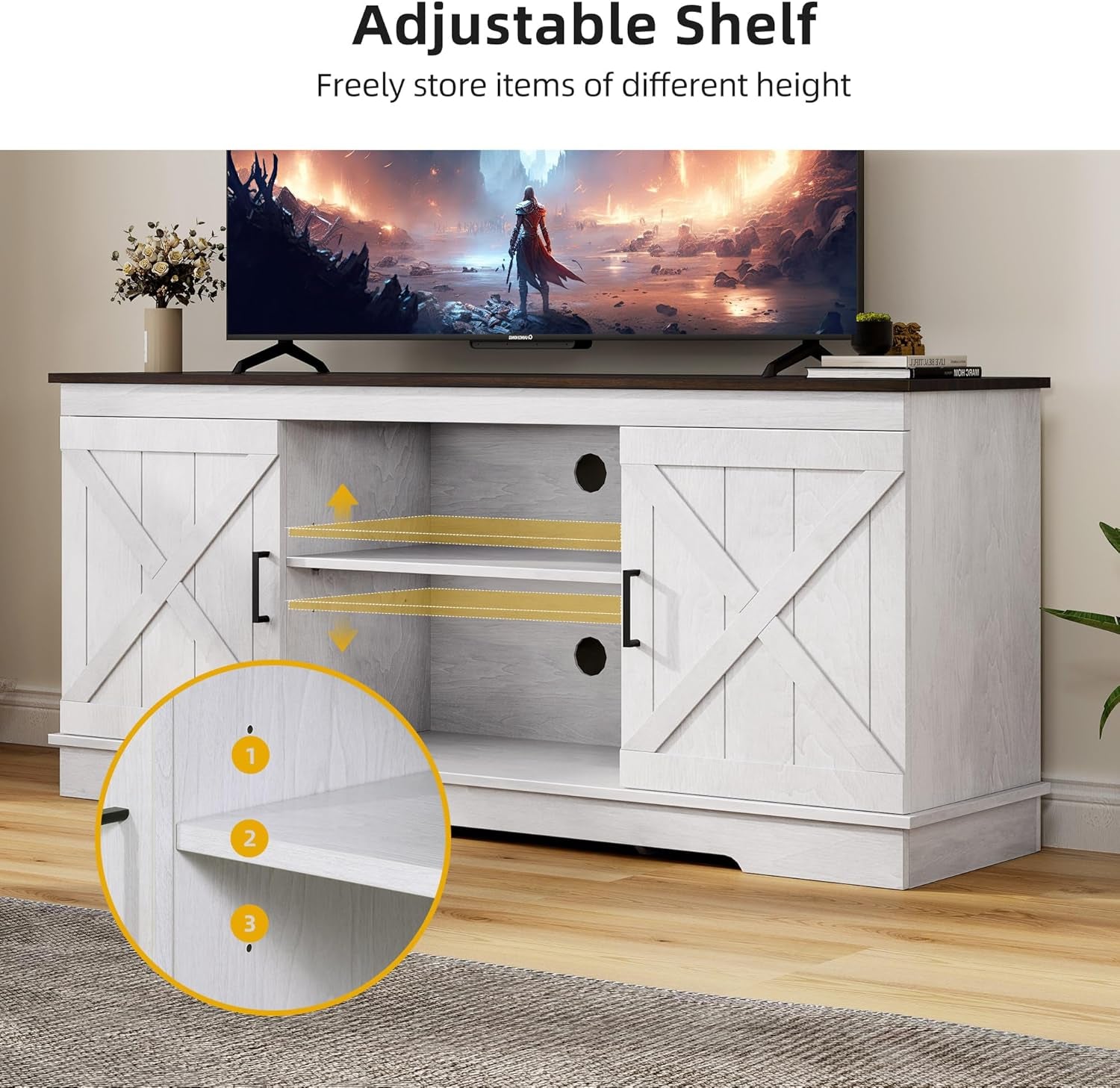 Farmhouse TV Stands for Living Room, Entertainment Center with Storage, TV Stand for 65 Inch TV with Double Barn Doors & Storage Cabinets, Rustic TV Cabinet Media Console, Espresso & Grey White