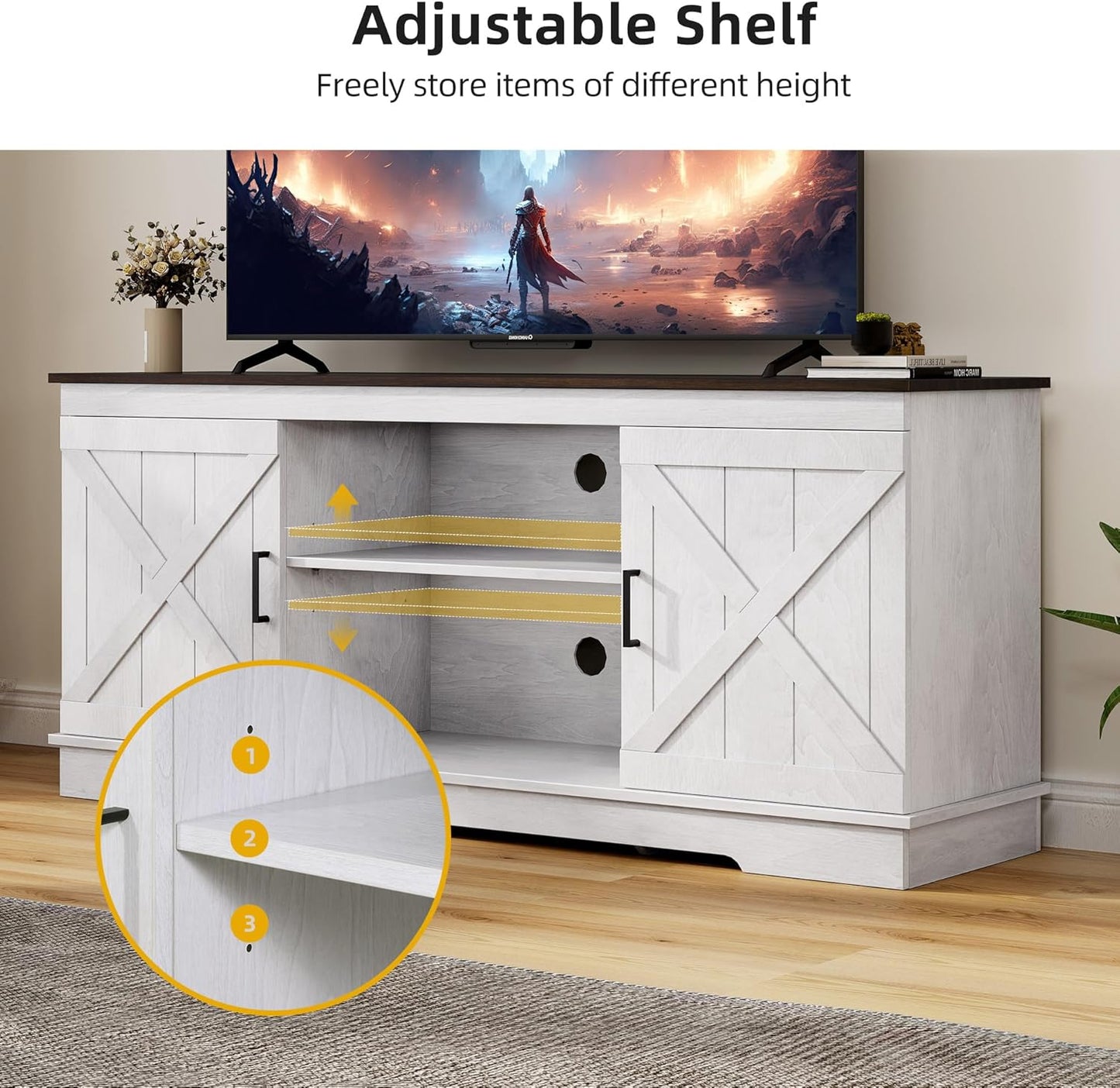 Farmhouse TV Stands for Living Room, Entertainment Center with Storage, TV Stand for 65 Inch TV with Double Barn Doors & Storage Cabinets, Rustic TV Cabinet Media Console, Espresso & Grey White