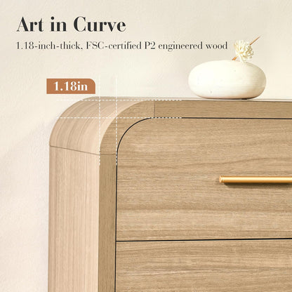 Curved 9-Drawer Dresser for Bedroom, 63" Wide Modern Chest of Drawers, Vanity Desk TV Stand for Living Room, Closet Storage Drawers Organizer Furniture, Nursery, Hallway, Oak