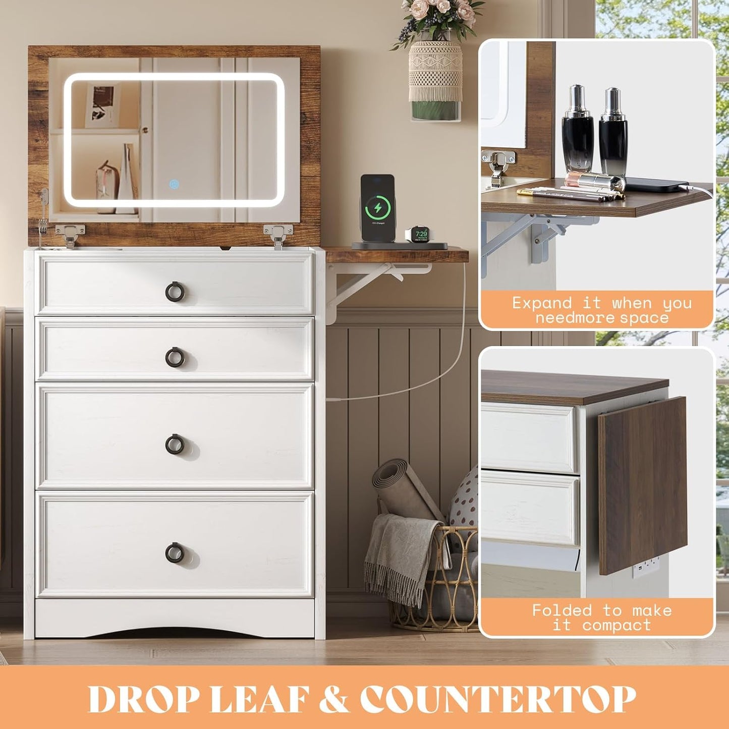 Makeup Vanity Desk with Mirror and Lights, Compact Vanity with Hidden Chair & Charging Station, 3 in 1 Space-Saving Vanity Table for Girls, Small Bedroom & Apartments, White & Barnwood