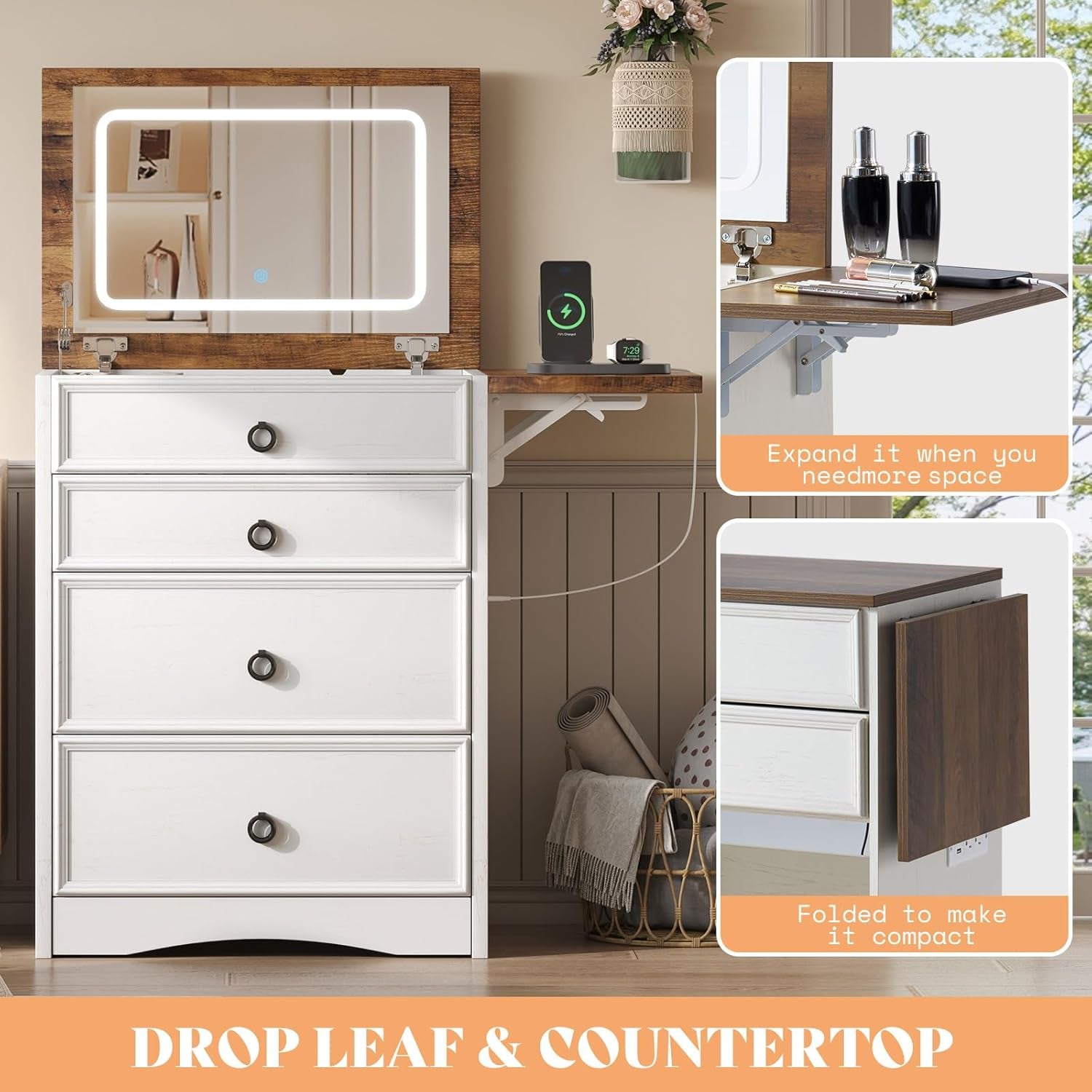 Makeup Vanity Desk with Mirror and Lights, Compact Vanity with Hidden Chair & Charging Station, 3 in 1 Space-Saving Vanity Table for Girls, Small Bedroom & Apartments, White & Barnwood