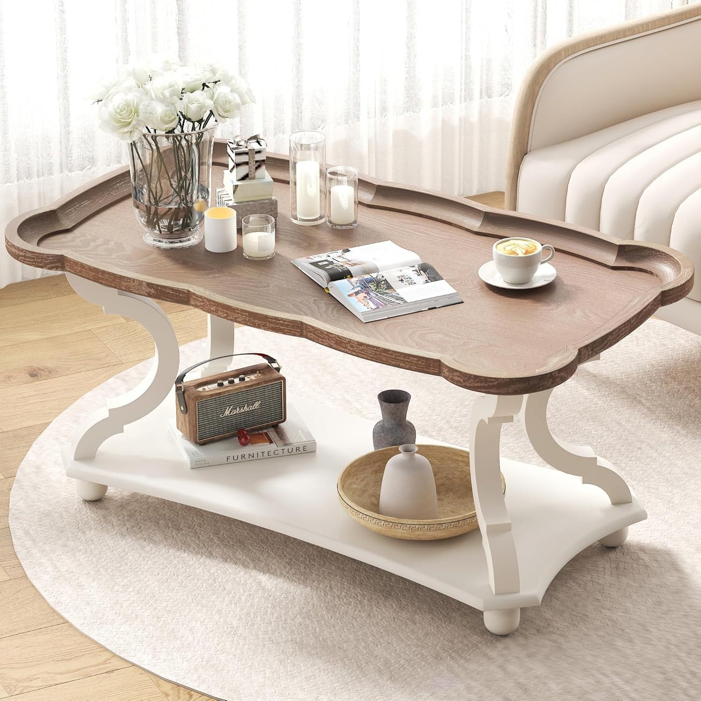 Farmhouse Coffee Table, Rustic White Cocktail Table with Storage Shelf, Sofa Table with Natural Tray Top and Carved Legs for Living Room Furniture Dining Room, Vintage White