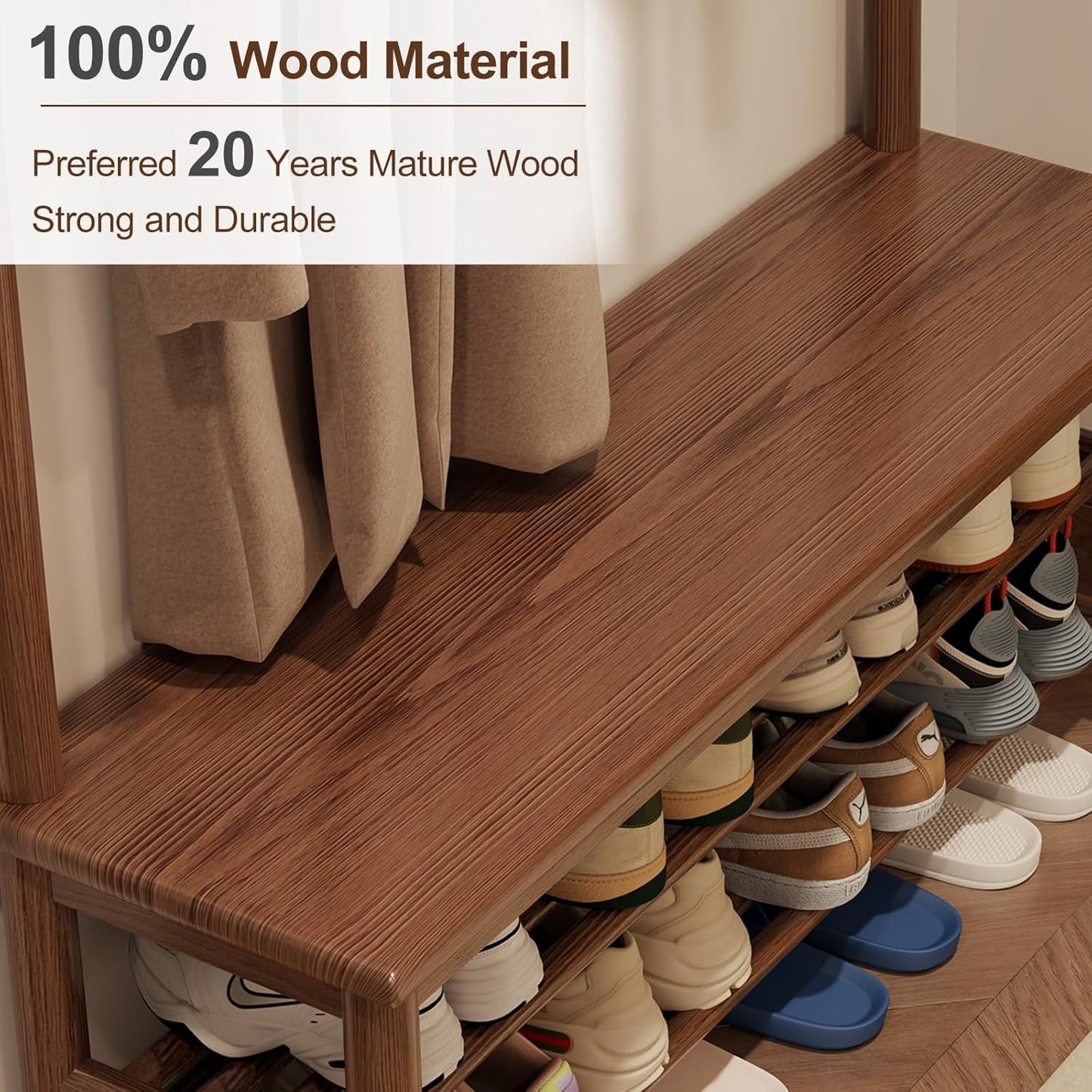 Coat Rack with Shoe Storage, Wooden Hall Tree with Bench, 11 Hooks and 2-Tier Storage Shelves, 3-In-1, Entryway Bench with Coat Rack (39.3"-Walnut)