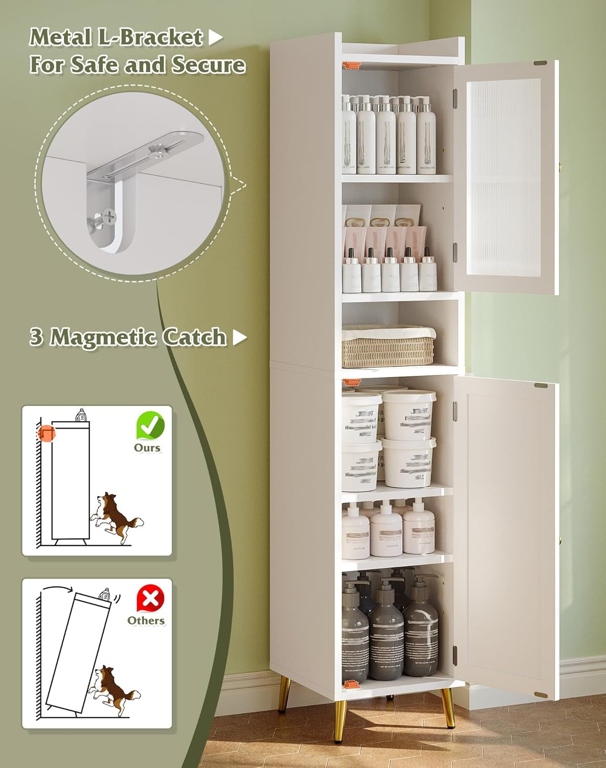 Bathroom Storage Cabinet, Bathroom Cabinet with 6 Shelves & 2 Doors, Tall Bathroom Storage Cabinet for Bathroom, Kitchen, Laundry Room, White