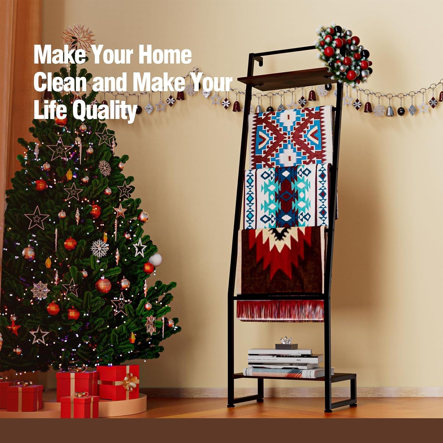 Blanket Ladder with Shelf, 6 Layer Wall-Leaning Blanket Rack, Farmhouse Blanket Shelf for Storage and Home Decor, Freestanding Rack for Bathroom, Rustic Brown and Black