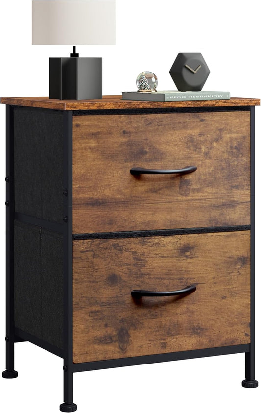 Night Stand, Small 2 Drawer Dresser, Nightstand with Fabric Bins for Bedroom, Closet, Dorm, Rustic Brown Wood Grain Print, 11.8" D X 15.7" W X 20.9" H