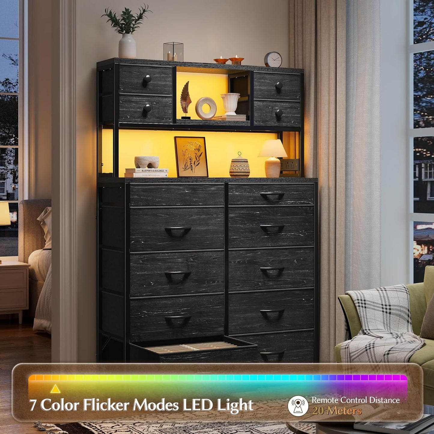Black Dresser with 14 Fabric Drawers, Dresser for Bedroom with Charging Station and LED Lights,Dressers & Chests of Drawers for Bedroom, Steel Frame & Wooden Top, Entryway