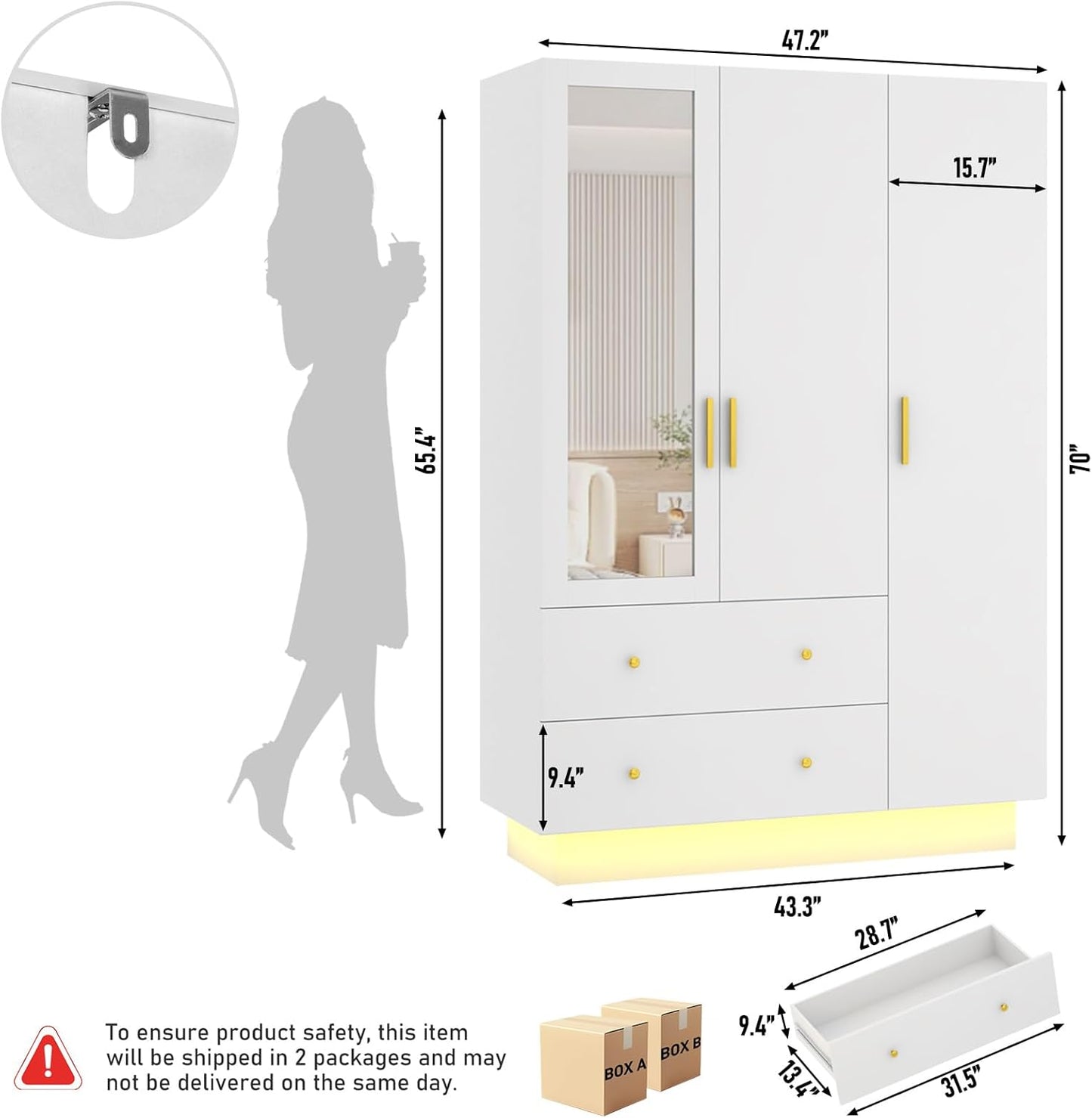 3 Door Wardrobe Closet with Mirror & LED Lights, Bedroom Armoire with Drawers & Shelves, Modern Wooden Armoire Wardrobe Closet with Hanging Rod for Bedroom, White