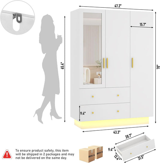 3 Door Wardrobe Closet with Mirror & LED Lights, Bedroom Armoire with Drawers & Shelves, Modern Wooden Armoire Wardrobe Closet with Hanging Rod for Bedroom, White
