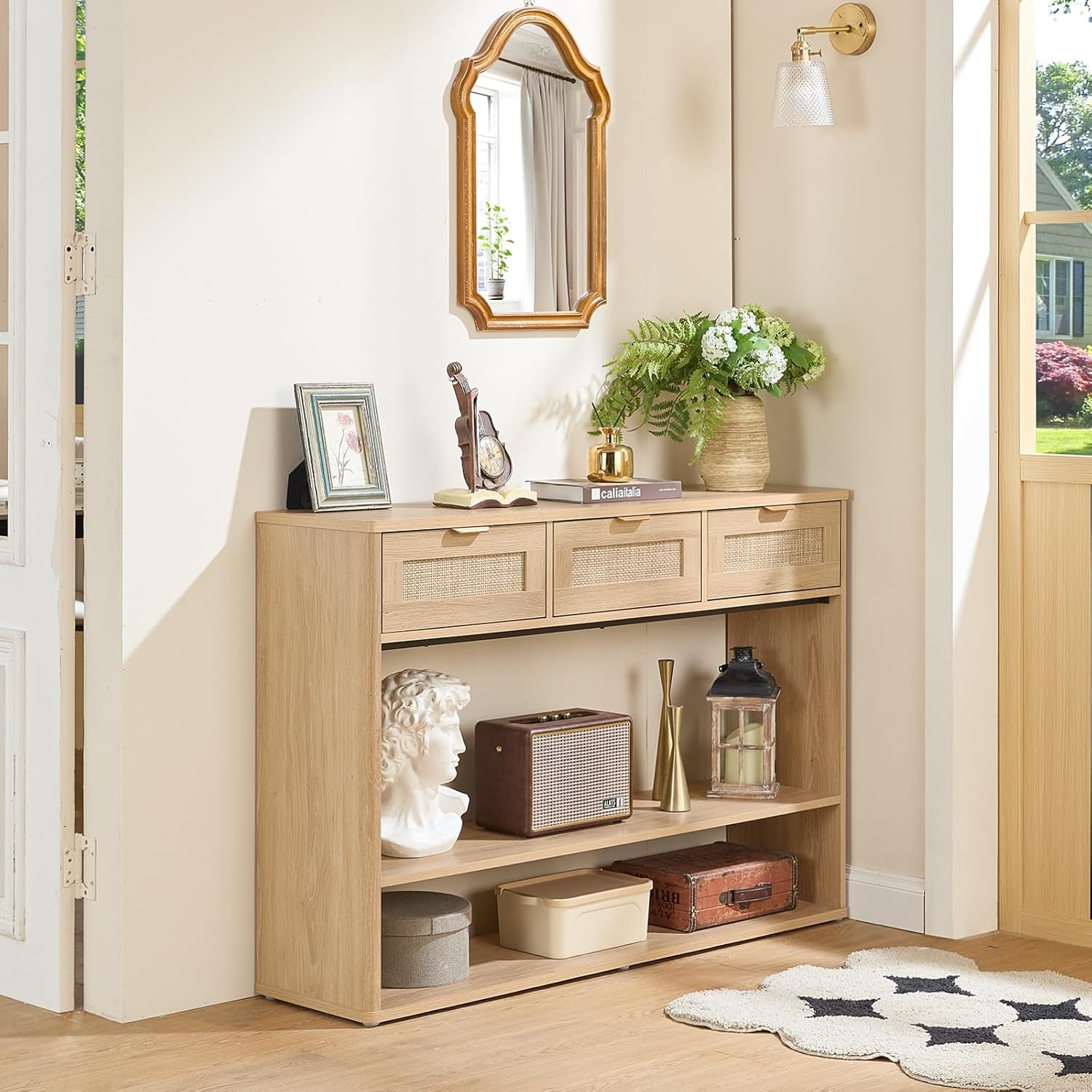 48" Boho Rattan Console Table with 3 Drawers, 3 Tier Wooden Entryway Table with Open Storage Shelf, Narrow Long behind Couch Sofa Tables for Living Room, Hallway, Entrance, Natural Wood