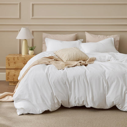 Bedsure 100% Washed Cotton Duvet Cover King Size - Natural White Minimalist Bedding Set Linen like - Purewoven Plain Simple & Soft Comforter Cover for All Seasons (Natural White, King, 104"X90")