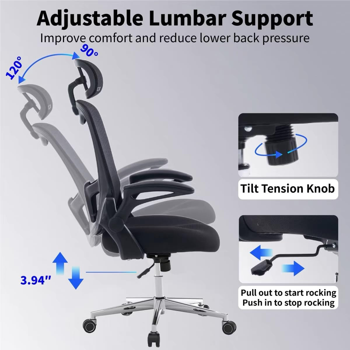 Office Chair, Ergonomic Breathable Mesh,Flip-Up Arms and Adjustable High Back Lumbar Support,Comfy Computer Chair for Home Office (Black, 407)