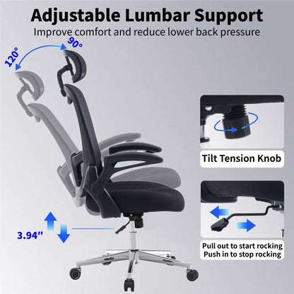 Office Chair, Ergonomic Breathable Mesh,Flip-Up Arms and Adjustable High Back Lumbar Support,Comfy Computer Chair for Home Office (Black, 407)