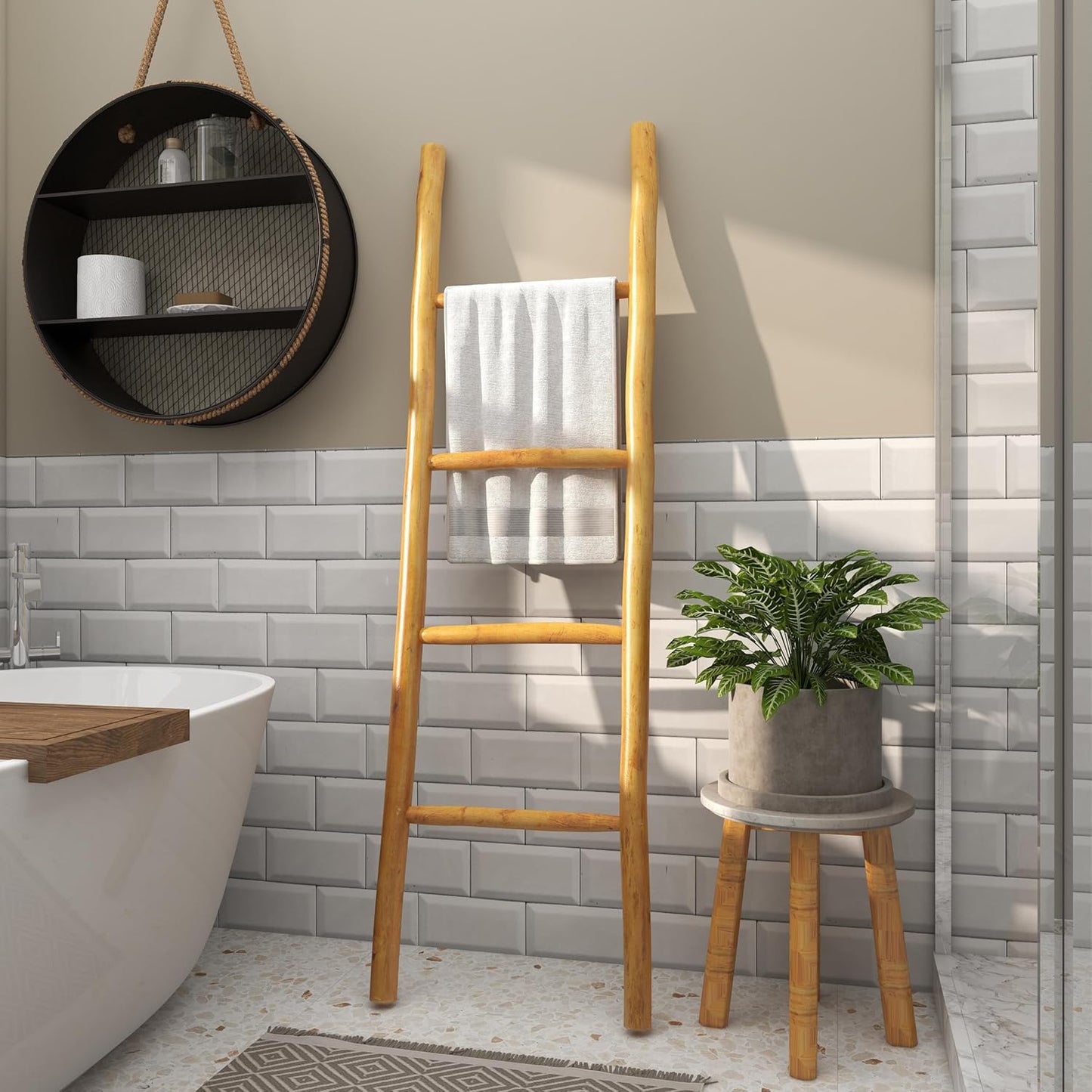 Teak Wood Handmade Ladder 4 Rack, 17' X 2' X 59', Brown