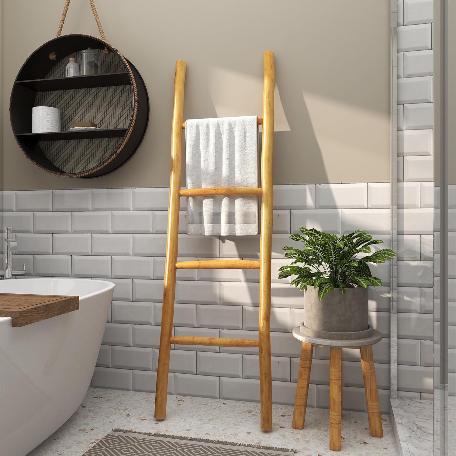 Teak Wood Handmade Ladder 4 Rack, 17' X 2' X 59', Brown