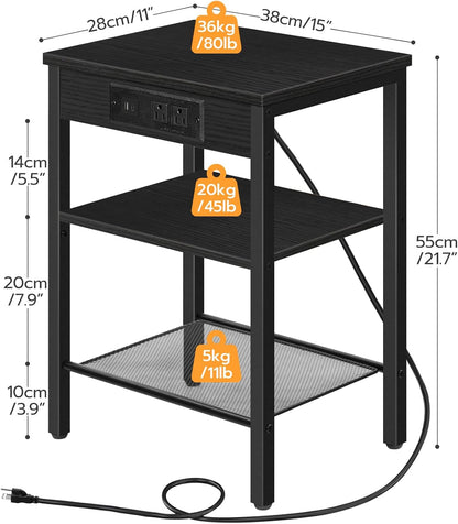 Side Table with Charging Station and USB Port, Small End Table for Small Space, 3-Tier Nightstand with Adjustable Shelf, for Living Room, Bedroom and Balcony, Black BB112BZ01