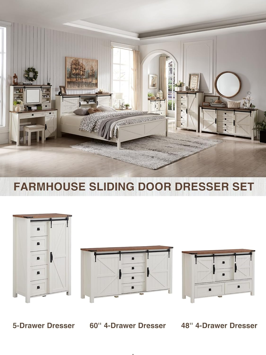 Farmhouse Dresser for Bedroom W/4 Drawers & Sliding Barn Doors, 48'' Wide Chest of Drawers, Rustic Dresser TV Stand W/Shelf, Organizer for Bedroom, Living Room, Entryway, Antique White