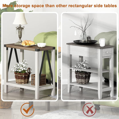 Farmhouse End Table for Small Spaces, Narrow Side End Table with Storage Shelf, Rustic A-Design Nightstand Sofa Table for Living Room, Bedroom (White & Brown)
