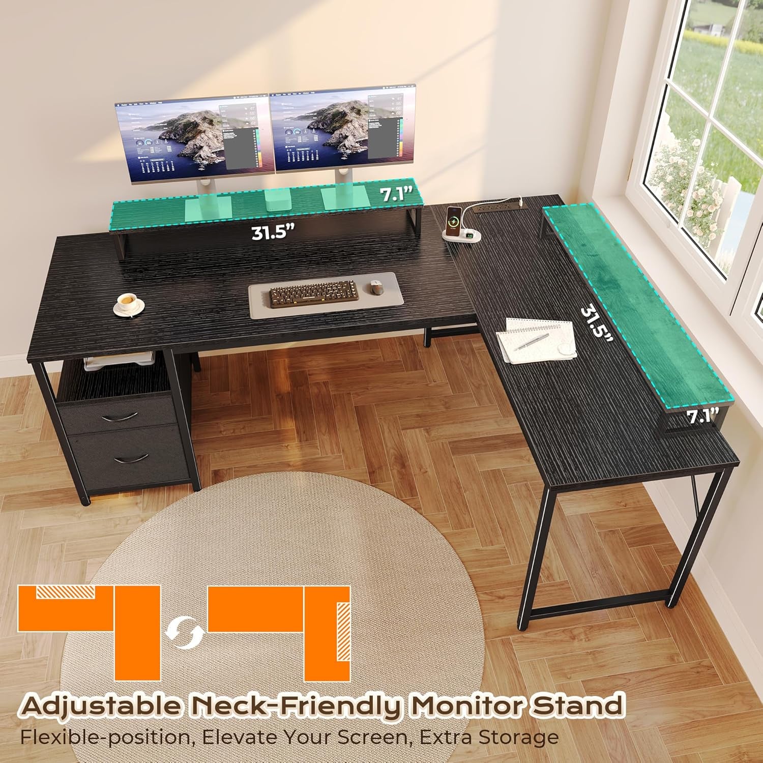 55 Inch L Shaped Desk with Power Outlets and USB-C Port, Computer Corner Home Office Desk with File Fabric Drawers and Movable Monitor Stand, Larger Storage for Gaming, Work, Black