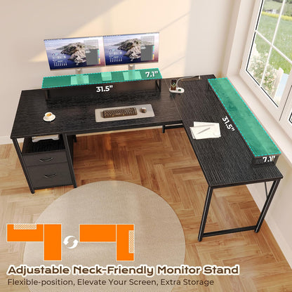 55 Inch L Shaped Desk with Power Outlets and USB-C Port, Computer Corner Home Office Desk with File Fabric Drawers and Movable Monitor Stand, Larger Storage for Gaming, Work, Black