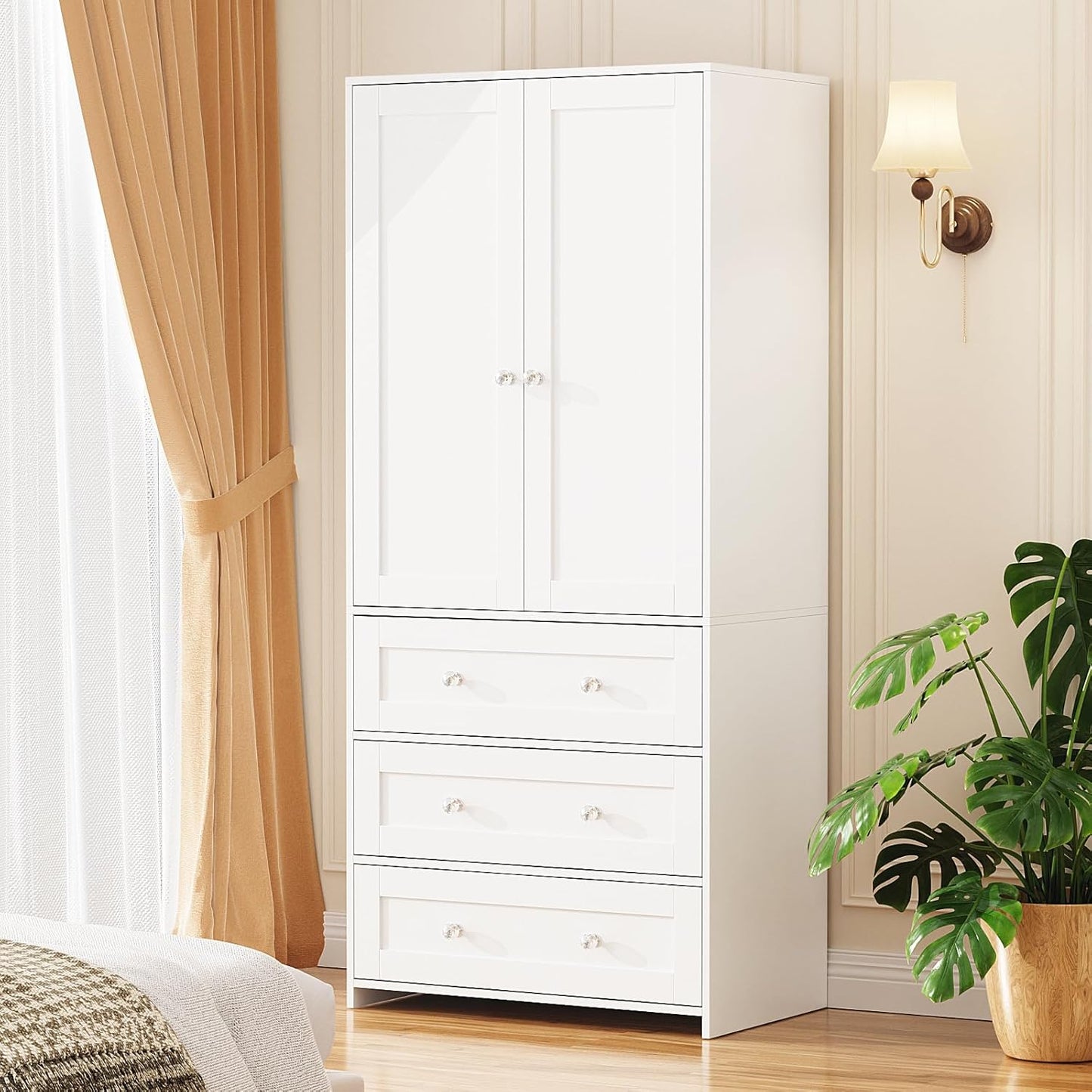 Armoire Wardrobe Closet with Drawers and Mirror, 71" Clothing Storage Cabinet with Hanging Rod, 2 Doors Wooden Wardrobe Cabinet for Bedroom, Large Capacity Storage, White
