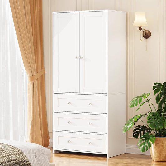 Armoire Wardrobe Closet with Drawers and Mirror, 71" Clothing Storage Cabinet with Hanging Rod, 2 Doors Wooden Wardrobe Cabinet for Bedroom, Large Capacity Storage, White