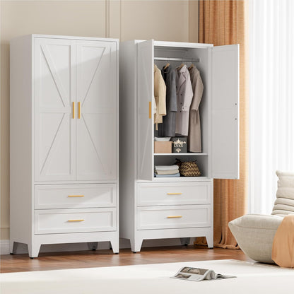 71" Tall Metal Wardrobe Cabinet with 2 Drawers and Hanging Rod, 2 Doors Armoire Wardrobe Closet with Shelf for Bedroom, Office, Laundry Room, White