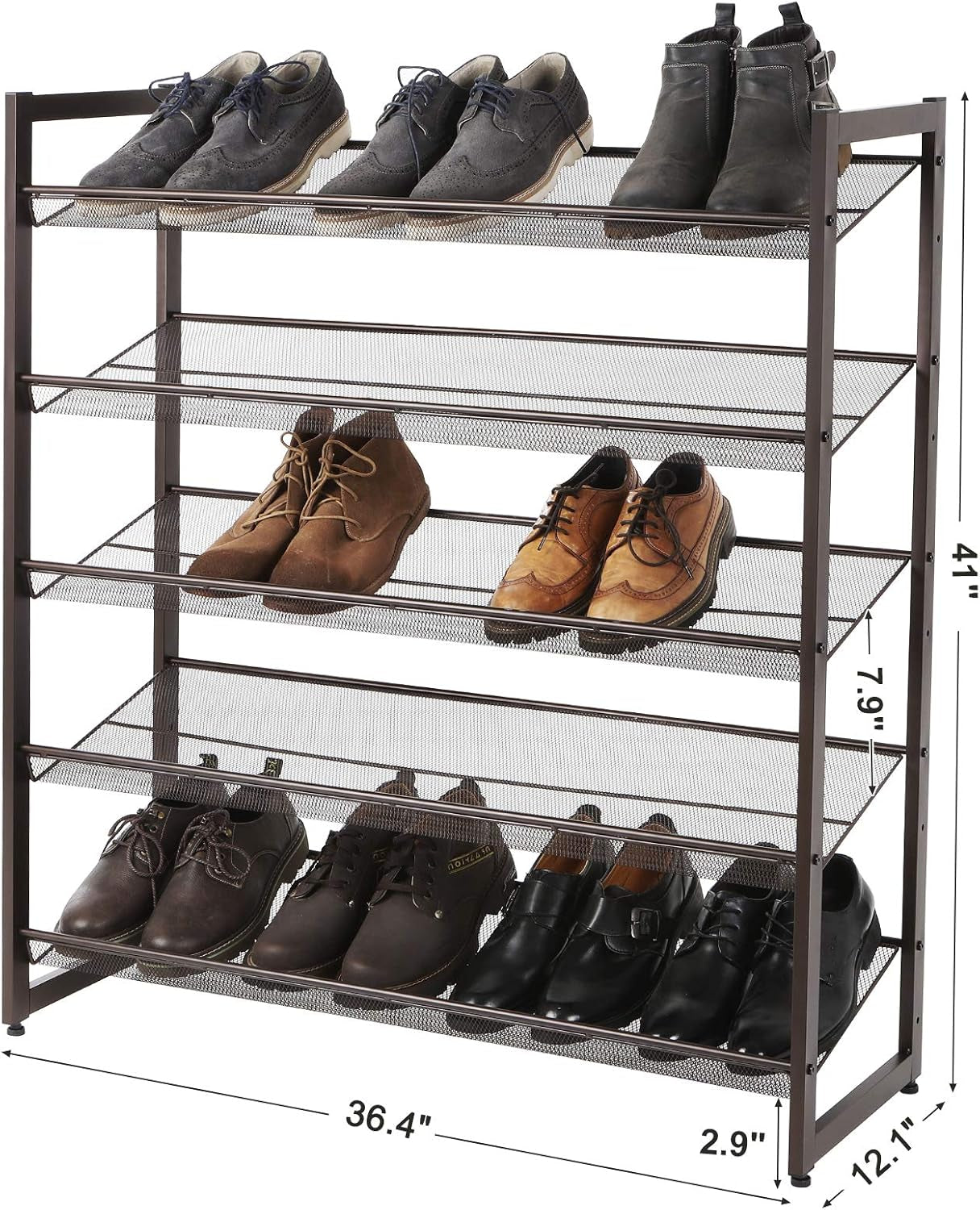Shoe Rack, 5-Tier Shoe Organizer, Metal Shoe Storage for Garage, Stackable Shoe Shelf, with Adjustable Flat or Angled Shelves, 20-25 Pairs, Bronze ULMR05A