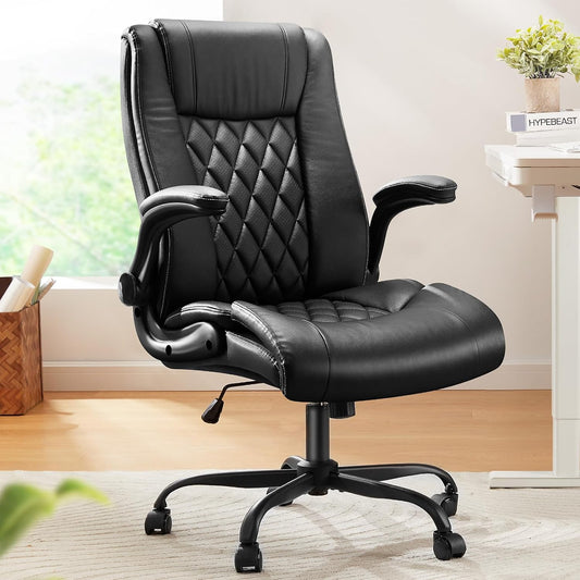 Executive Office Chair with Flip-Up Armrests,Pu Leather Ergonomic Desk Chair Height-Adjustable Swivel Rolling Computer Desk Chair,Black