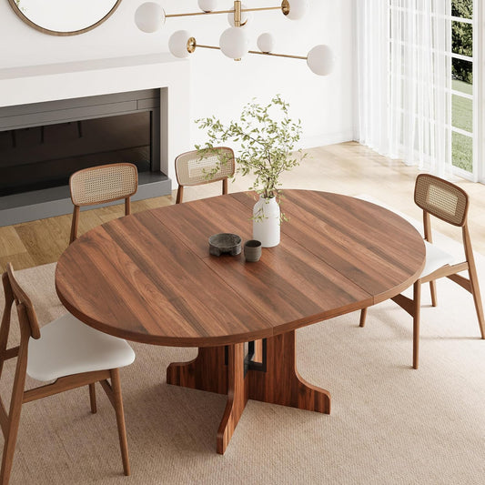 59" round Extendable Dining Room Table for 4-6, Modern Oval Kitchen Table with Heavy Duty Wood Base, Metal Frame Support, for Kitchen Dining Living Room, Easy Assembly, Walnut