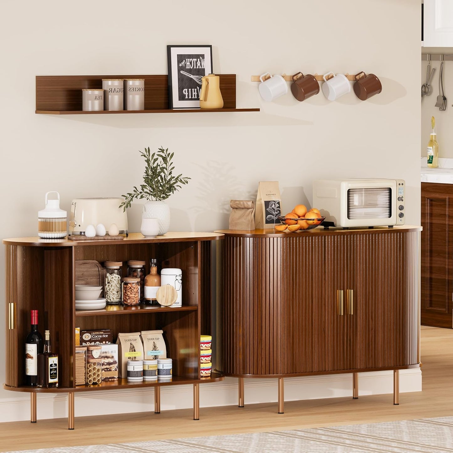 Sideboard Buffet Cabinet with Storage,Mid Century Modern Fluted Accent Coffee Bar Console Table,Tambour Sliding Doors& Adjustable Shelf for Kitchen, Living Room, Entryway(Walnut, 40Inch)