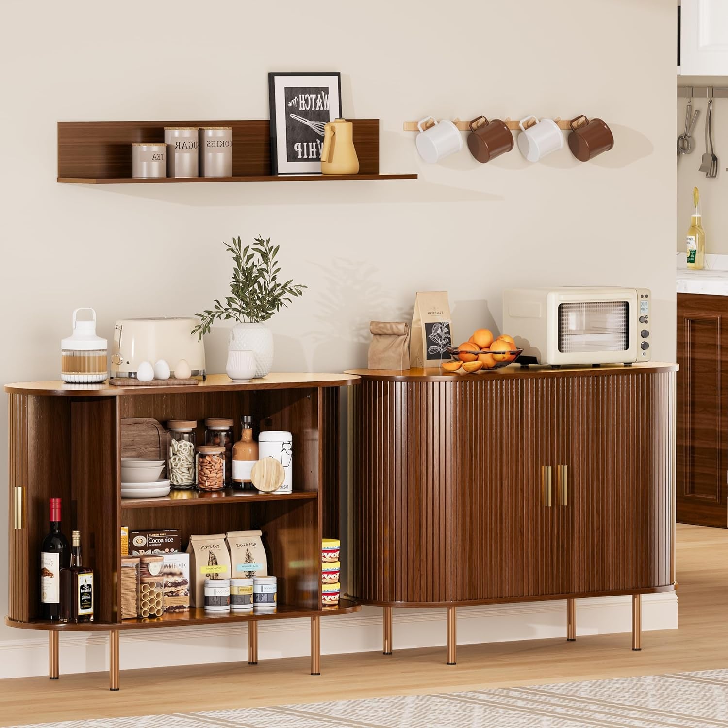 Sideboard Buffet Cabinet with Storage,Mid Century Modern Fluted Accent Coffee Bar Console Table,Tambour Sliding Doors& Adjustable Shelf for Kitchen, Living Room, Entryway(Walnut, 40Inch)