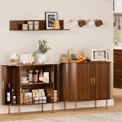 Sideboard Buffet Cabinet with Storage,Mid Century Modern Fluted Accent Coffee Bar Console Table,Tambour Sliding Doors& Adjustable Shelf for Kitchen, Living Room, Entryway(Walnut, 40Inch)